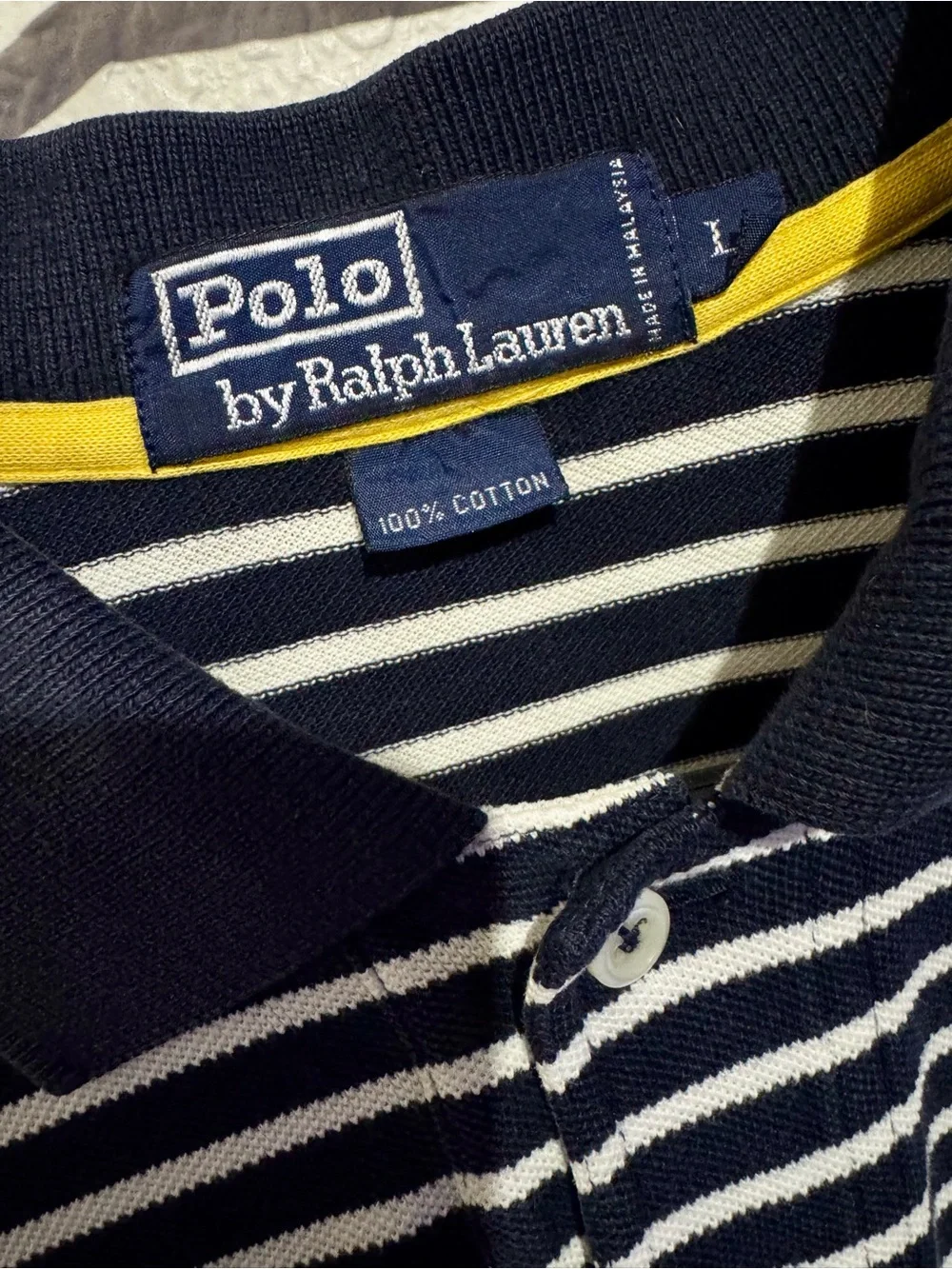 Ralph Lauren Navy & White Striped Polo with Red Logo